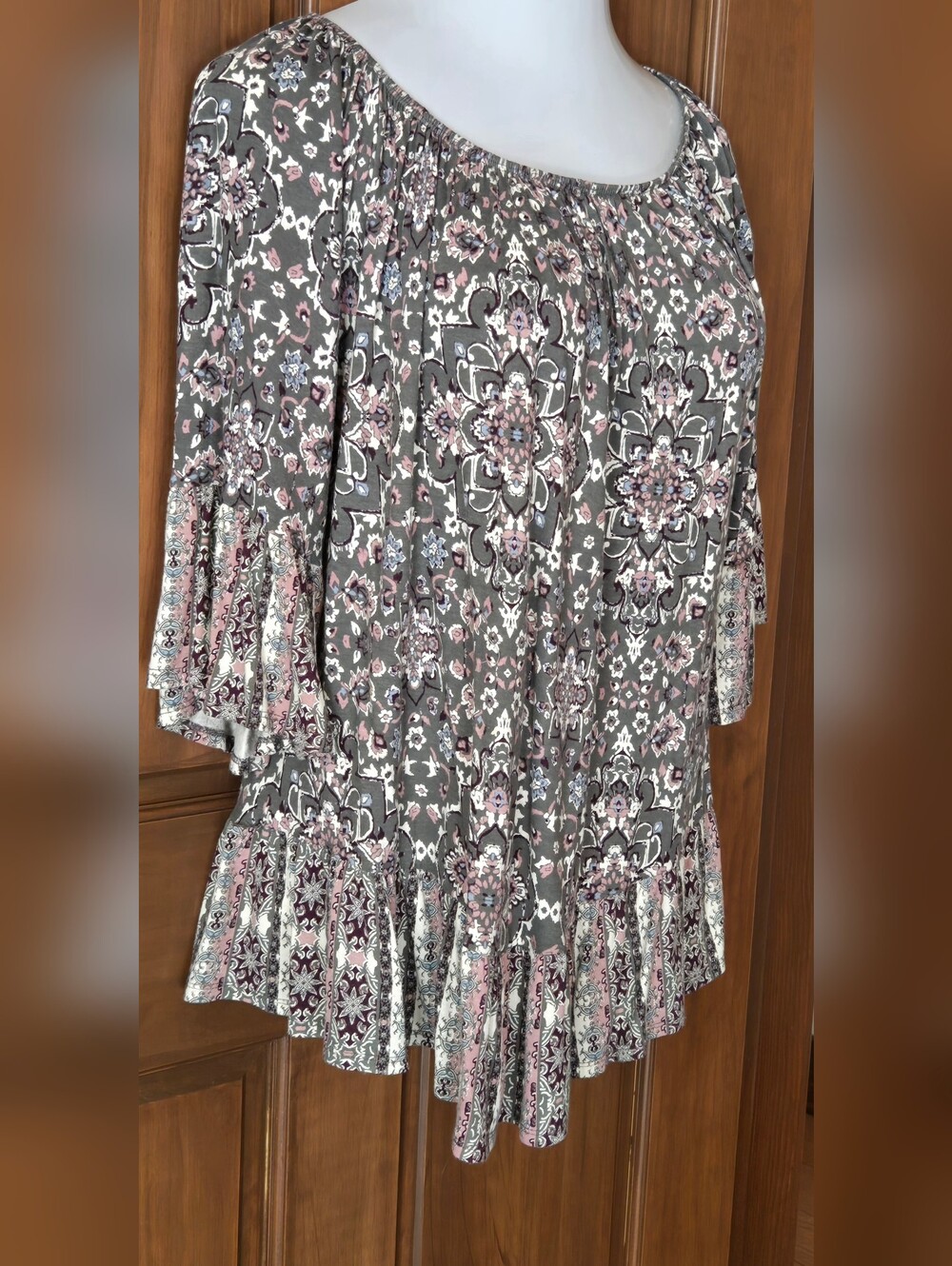 Style & Co. Olive Floral Medallion Peasant Blouse with Pink Accents